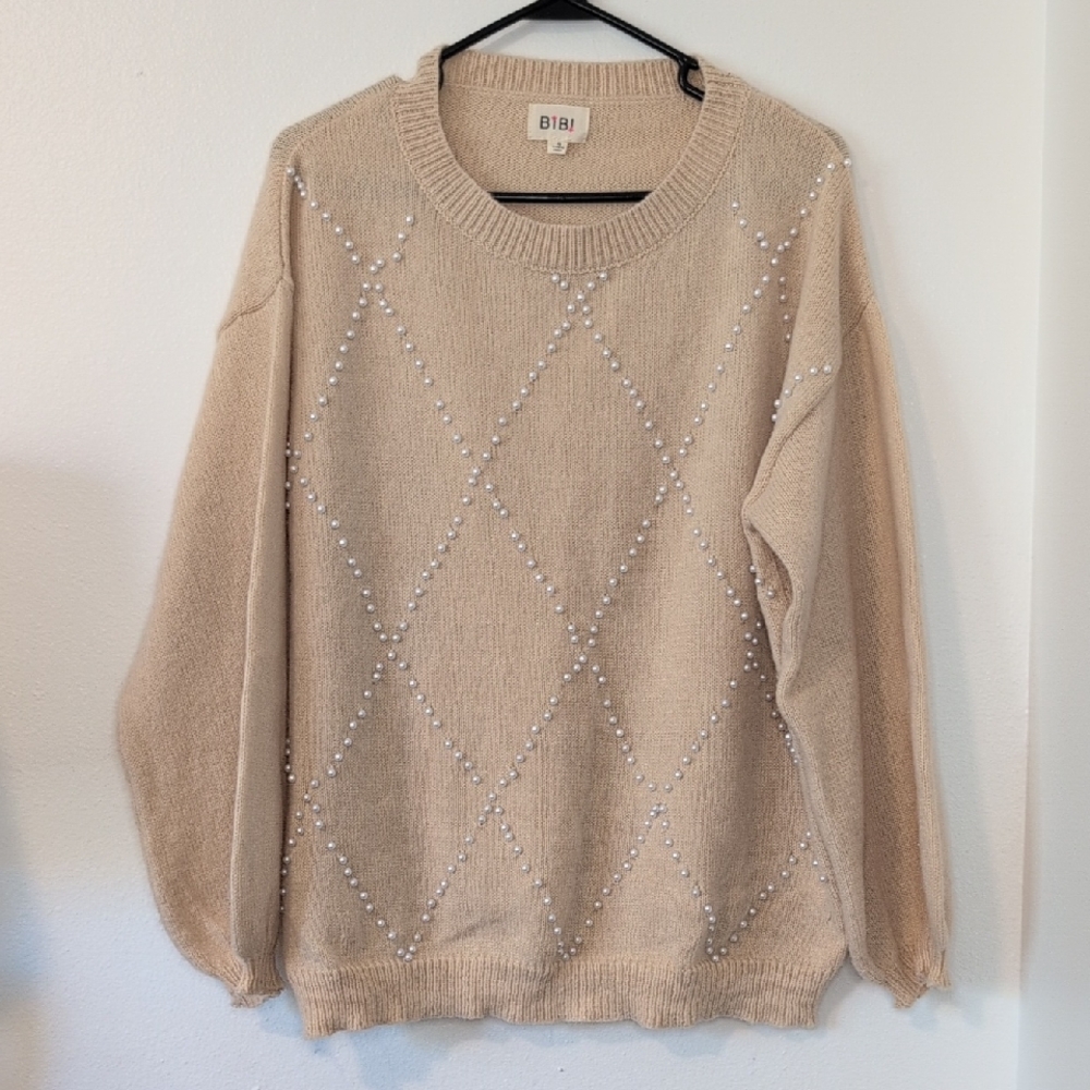 NWOT BiBi Women's Beige Pearl-Embellished Sweater